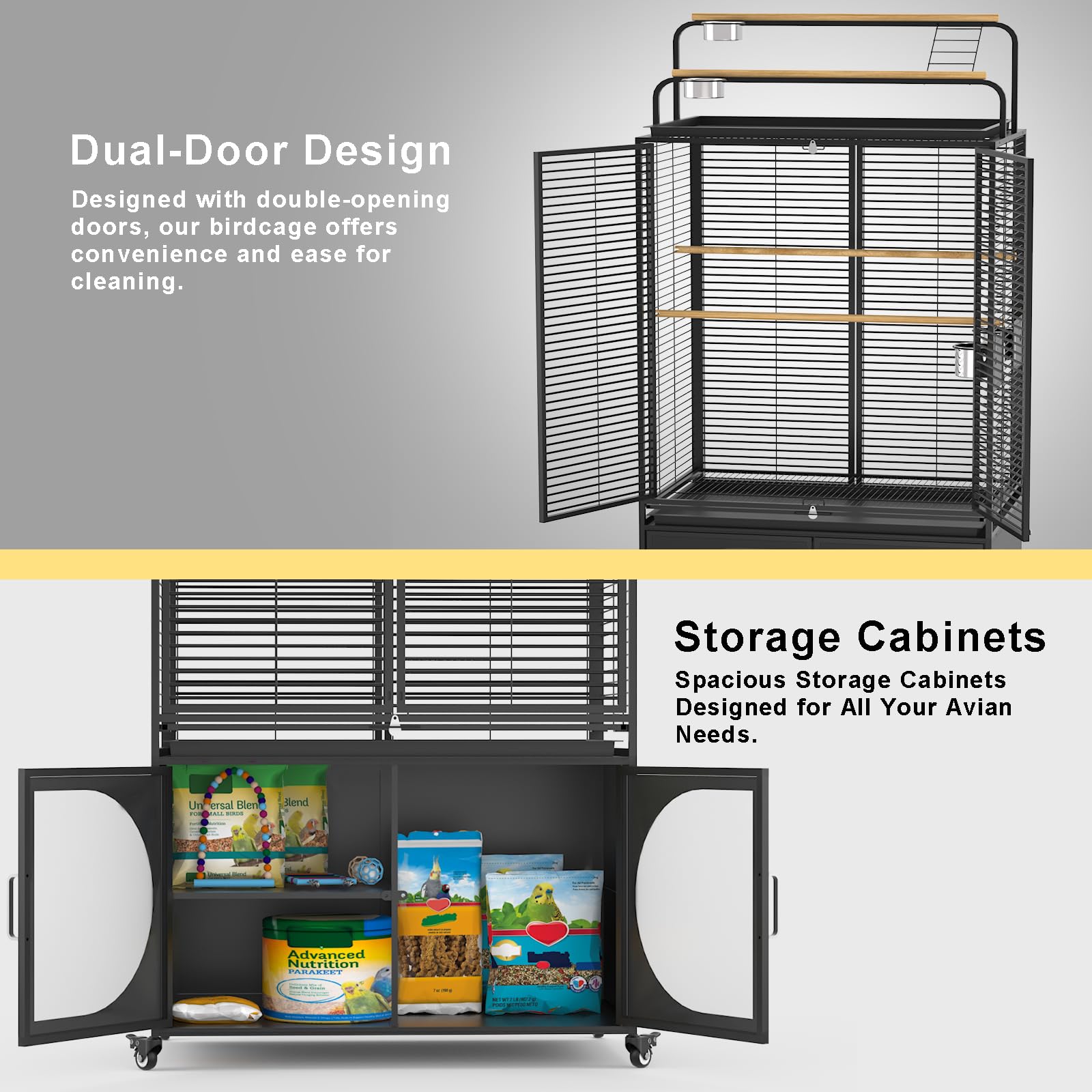 GDLF 72-Inch Bird Cage with Play Top, Parakeet Cage with Rolling Storage Cabinet Extra Large with Cover for Parrot, Cockatiel, B